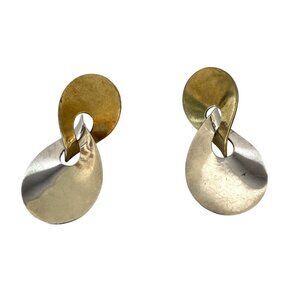 Vintage 70's Taxco Mexico Sterling Silver & Brass Modernist Earrings MCM TC-103